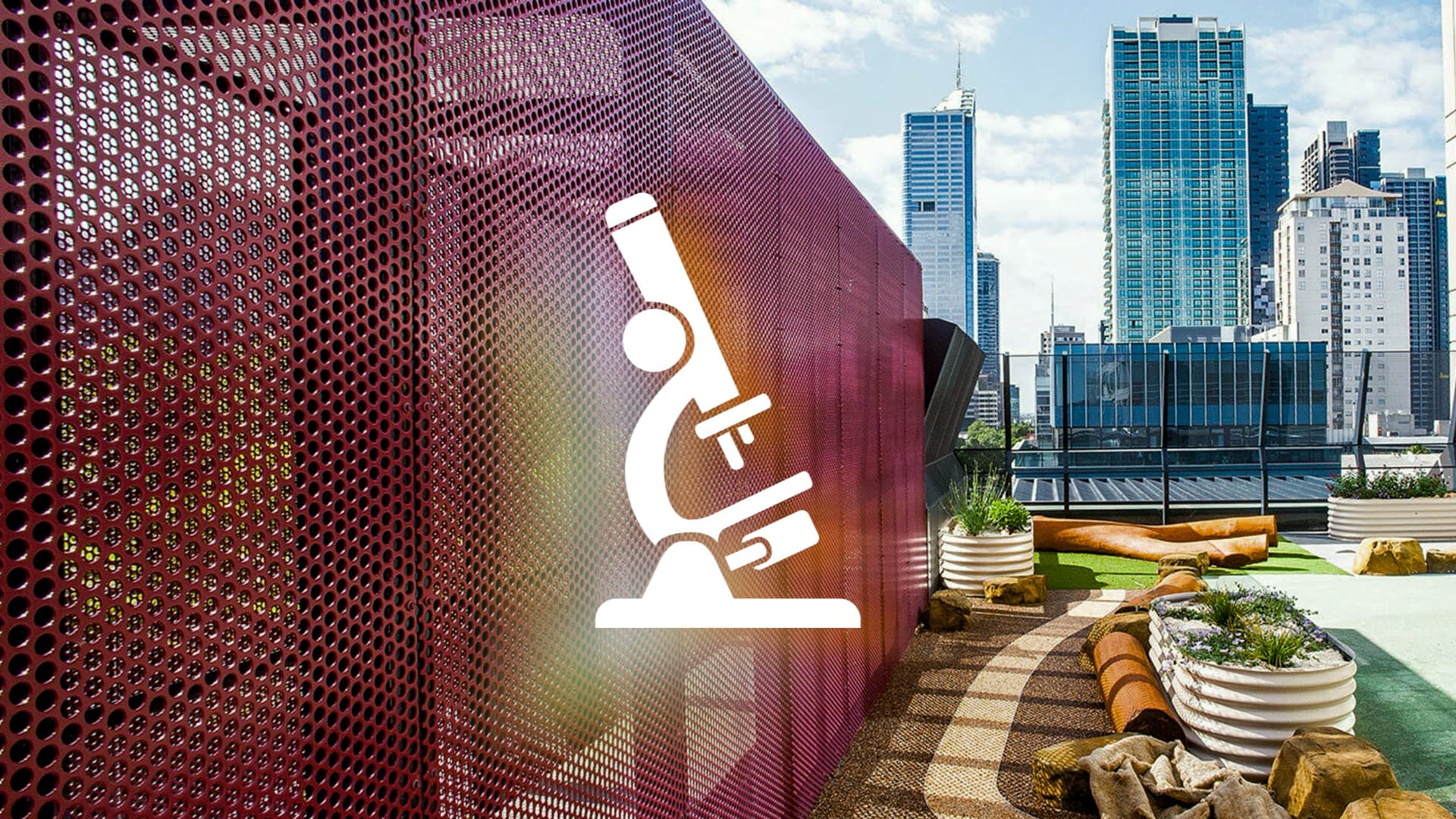 The researchED logo super-imposed over a photo of the rooftop garden at Haileybury City campus, Melbourne